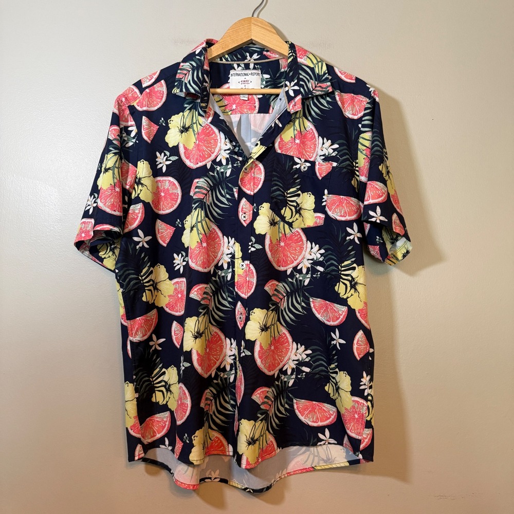 International Report Mens XL Navy Blue Grapefruit Tropical 4-Way Stretch Shirt